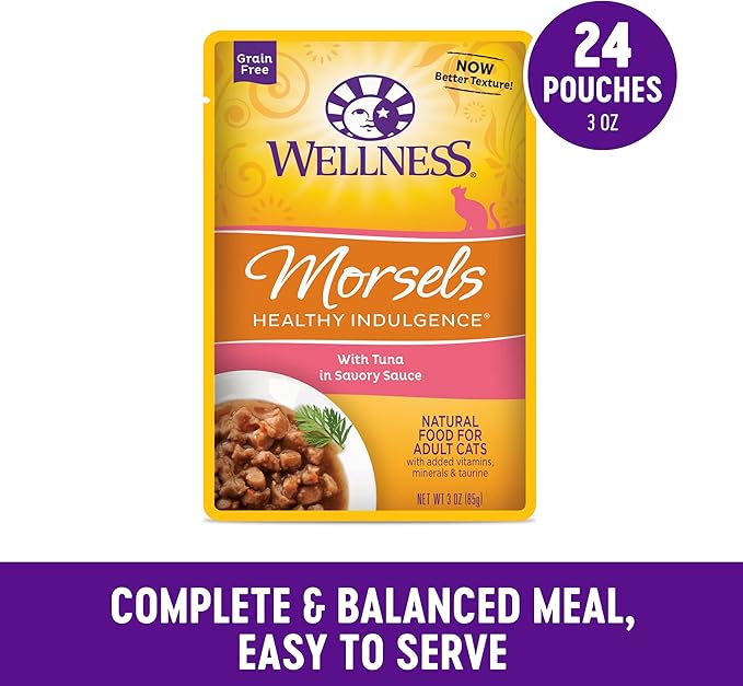 Wellness Healthly Indulgence Morsels Adult Wet Cat Food, Natural, Protein-Rich, Grain Free, 3 Ounce Pouch, 24 Pack, (Tuna)