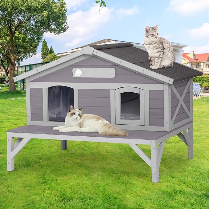 GUTINNEEN Outdoor Cat House Weatherproof with 3 Entry Doors, Elevated Base & PVC Curtain, Indoor/Outdoor Kitty Shelter for Small-Medium Pets