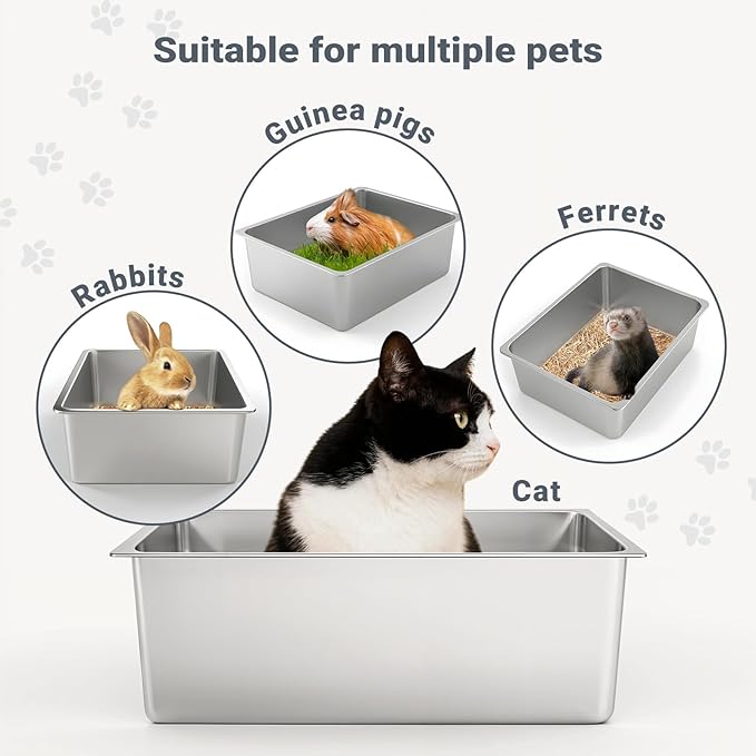 Kirecoo Stainless Steel Cat Litter Box, Small Metal High Sided Cat Pan Box, Indoor Litter Tray, Non Stick, No Smell, Easy to Clean, Pet Toilet Supplies for Cats