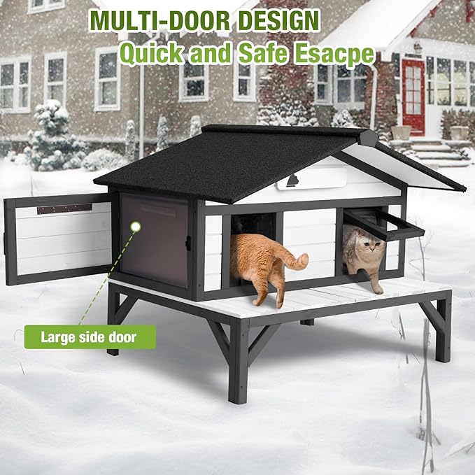 GUTINNEEN Heated Outdoor Cat House Weatherproof Large Cat Shelter with 100% Insulated Liner for Multiple Cats, Cat Houses for Indoor Cats（Black）