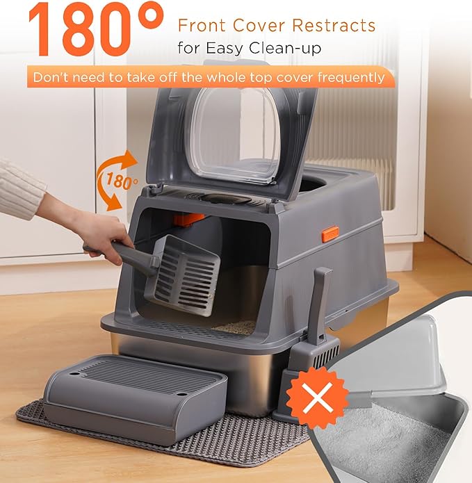 Citylife Stainless Steel Cat Litter Box with Lid, Front & Top Entry Extra Large Metal Kitty Litter Box Enclosure with Scoop & Double Layer Mat, Anti-Leakage, Non-Sticky, Dark Grey