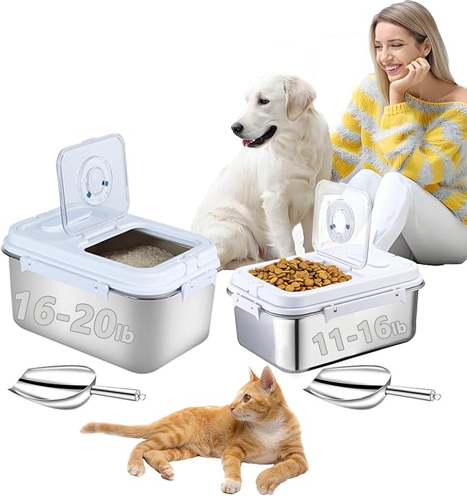 Sanbo Pet Food Storage Container 10L & 7.5L | Stainless Steel Airtight Bin with Scoop & Time Dial | Dog/Cat Food Keeper 2-Pack Sliver