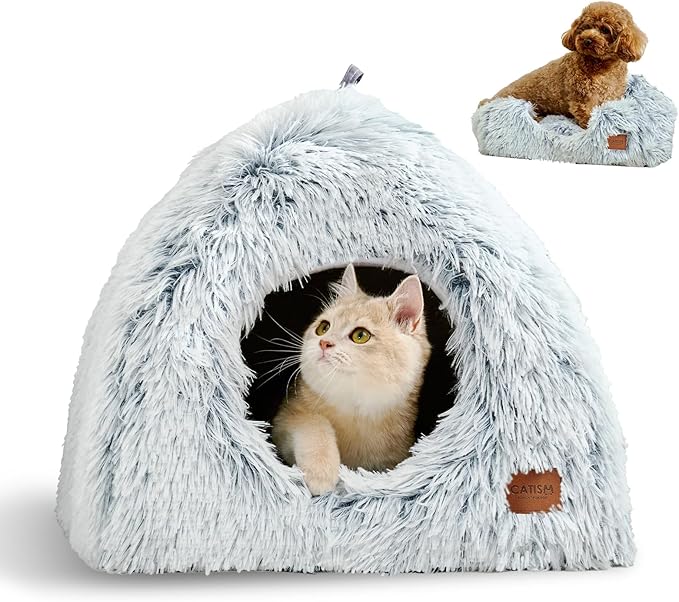 CATISM Cat Bed, Cat Cave for Indoor Cats, Soft Cat Dome, Self-Warming 2 in 1 Foldable Pet Cat House with Washable Cushioned Pillow Calming Fluffy Dog Beds for Small Dogs with Anti-Slip Bottom Gray