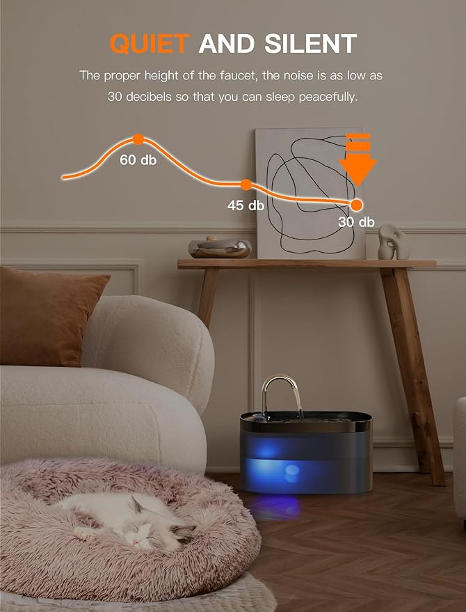 Cat Water Fountain, 84OZ/2.5L Cat Fountain, Super Silent Pet Water Fountain, Activated Carbon Filter, Translucent Pet Water Dispenser Suitable for Multiple Pets Family (Black+4Filters+4Sponges)