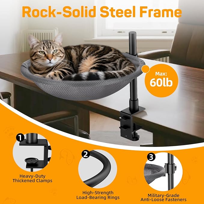Cat Desk Bed & Perch - Breathable Soft Mesh Cat Hammock Nest for Home Office Desk, 360° Flexible Adjustable, Holds Up to 60 lbs for Gaming/Study Table (Grey)