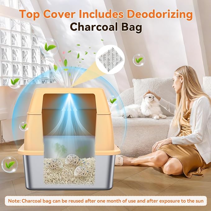 Stainless Steel Litter Box with Lid, Cat Litter Box Enclosure XL Odor-Proof with Litter Mat, Covered Litter Box Rust-Resistant Durable for Big Cat, Easy Clean 37L Capacity (Beige)