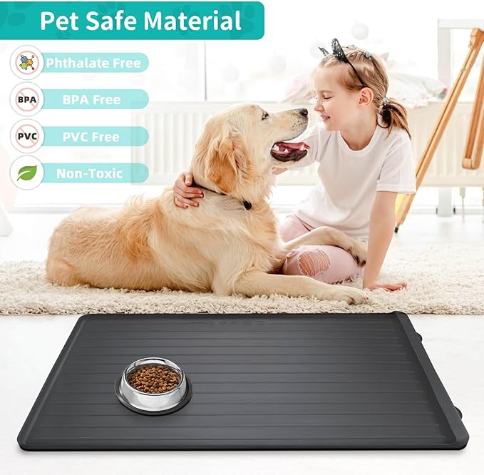 Dog Mat for Food and Water - 39.4" x 27" Large Pet Feeding Mats with Residue Collection Pocket - Waterproof Dog Cat Bowl Mat with High Edges to Prevent Water and Food Spills (Black)