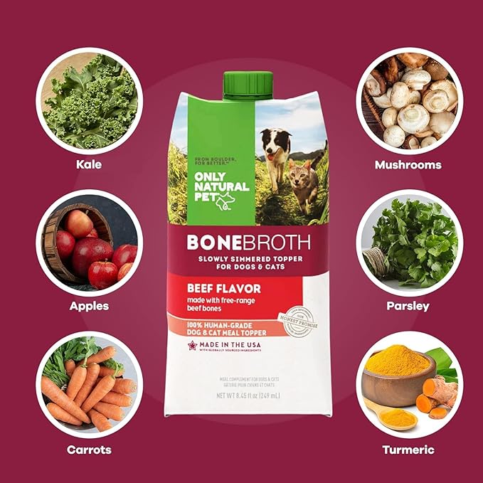 Only Natural Pet Bone Broth Beef Flavor Dog & Cat Meal Topper, 100% Human-Grade Slow-Simmered, Free-Range for Dry Food or to Hydrate Dehydrated Food - (12-Pack / 11.16 oz Each)