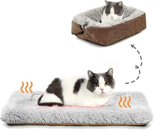 Cat Bed Self Warming, Foldable Self Heated Cat Mat with Removable Cover Heating Pad 24 x 20 inch Extra Warm Thermal Pet Pad for Indoor Outdoor Cats, Non-Slip Bottom Washable Non Electric, Khaki