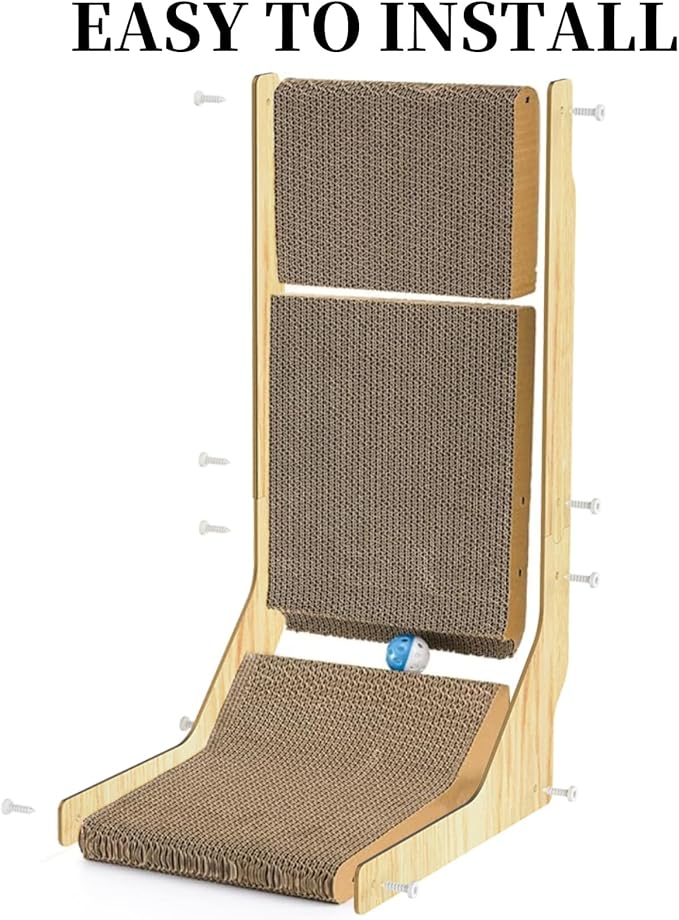 L Shape Cat Scratcher, 26 Inch Cat Scratch Pad, Cat Scratching Board with Built-in Ball Toy, Indoor Cats Cardboard Lounge Bed, Wall Mounted Cat Scratcher for Wall and Furniture Protection