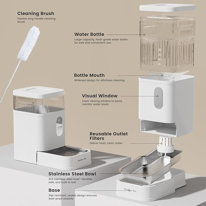 Gardner Pet Automatic Dog Water Dispenser Gravity Waterer with Stainless Steel Bowl Water Dispenser 8.5L Large Capacity Water Feeder for Dogs Cats Pets, BPA-Free Noise-Free (White, 8.5L)