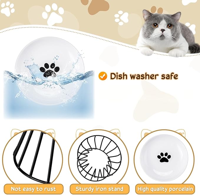 Roshtia 4 Sets Elevated Cat Bowls Ceramic Raised Cat Food Bowls with Metal Stand Dishwasher Safe Dishes Non Slip Elevated Food Plate(Black,Paw)