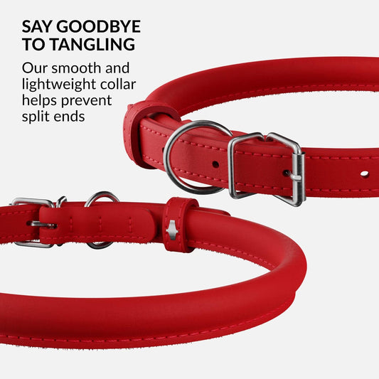 CollarDirect Rolled Leather Dog Collar, Soft Padded Round Puppy Collar, Handmade Genuine Leather Collar Dog Small Large Cat Collars 13 Colors (15-19 Inch, Red Smooth)