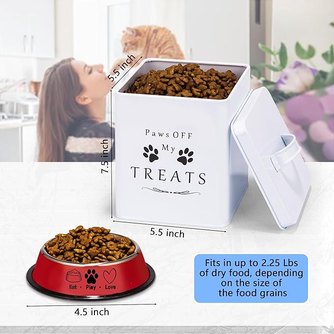 Meraki Home Farmhouse Cat Food and Treats Containers + Feed Scoop + Pet Food Bowl - Tight Lids - Large Metal Storage Bin - Great Gift for Cute Pets (Glossy White)