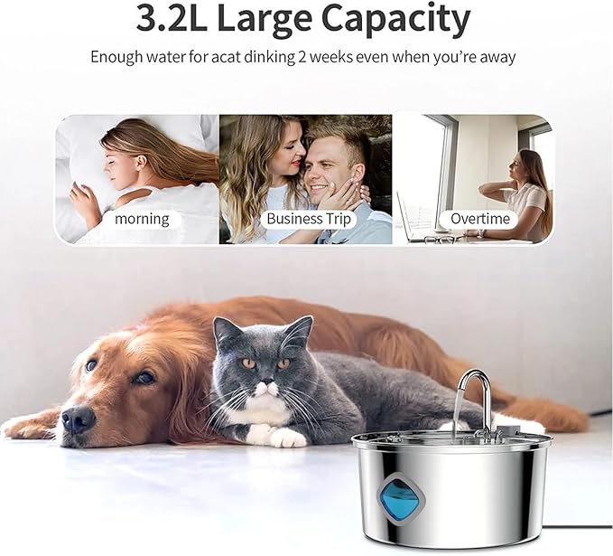 Cat Water Fountain Stainless Steel: 108oz/3.2L Water Fountains for Cats Indoor, Cat Water Fountain, Ultra Quiet, Water Level Window（2. Filter Filter Cotton）