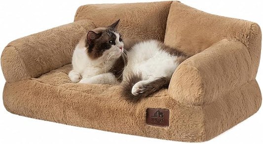 Hollypet Fluffy Plush Pet Dog Cat Couch Soft Calming Pet Sofa Bed for Medium Small Cats and Dogs, Light Brown