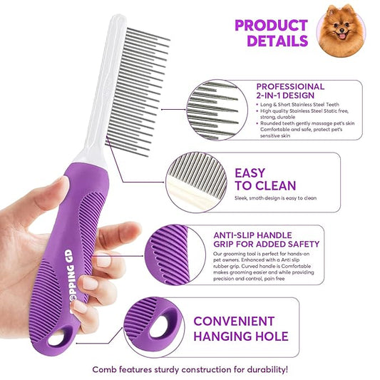 Detangling Pet Comb for Dogs & Cats with Long & Short Stainless Steel Metal Teeth for Removes Tangles and Knots - Detangler Grooming Tool for Dematting Matted Fur.