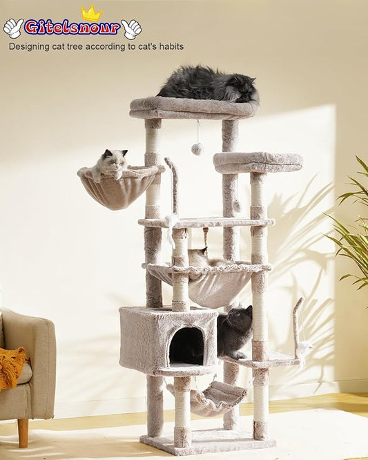 Cat Tree, Cat Tower for Large Cats with 2 Big Platforms, 2 Baskets, condo and Toys, 63" Cat Scratching Posts for Indoor Cats, Muchroom GCT020MU