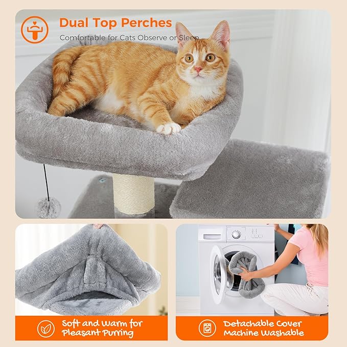 PAWZ Road Cat Tree, 53.5 Inches Tall Cat Tower with Spacious Hammocks, Condos and Scratching Posts, Cat House with Dual Padded Perches for Indoor Large Cats-Gray