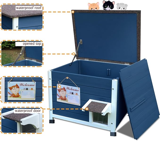 Rockever Outdoor Cat House, 100% Insulated Cat House for Outdoor Cats Weatherproof Feral cat House for All-Round Foam Layers Filling (Blue, L)