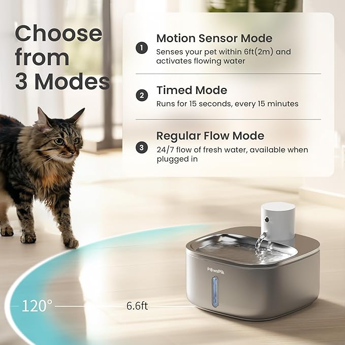 Stainless Steel Cat Water Fountain,108 oz/3.2 L Cat Water Dispenser, Battery Operated Dog Fountain,Water Bowl, Automatic Pet Fountain with Motion Sensor, 5000 mAh Battery