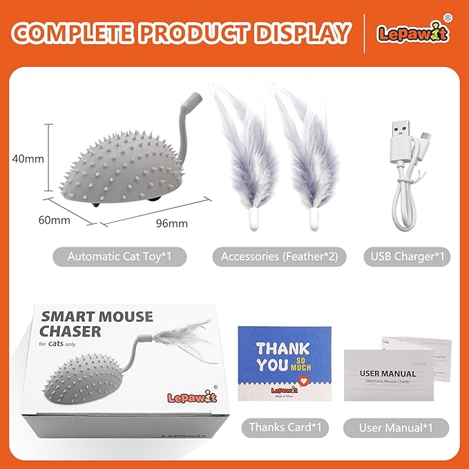 Interactive Cat Toys for Indoor Cats, Automatic Moving Cat Mouse Cat Toys with Feather Tail, Cat Exercise Electric Toys, USB Rechargeable