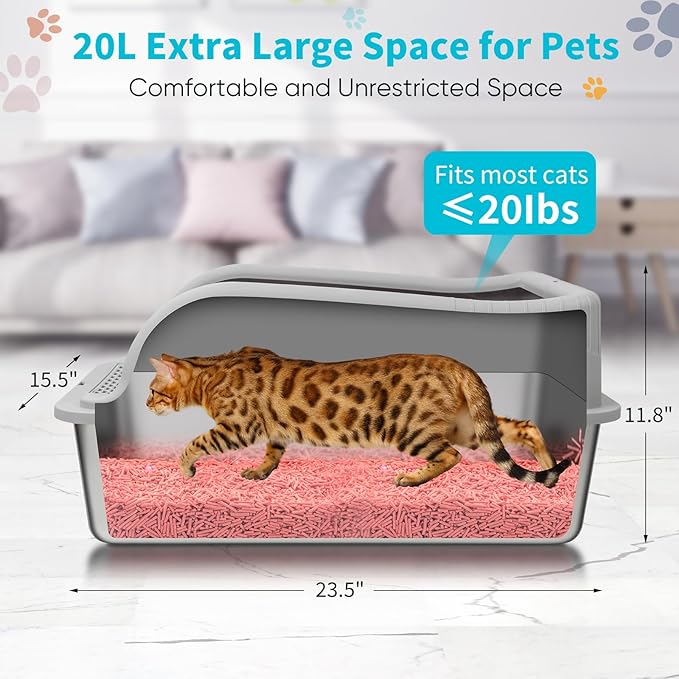 2PACK Stainless Steel Litter Boxes with Lid High Sides for Big Cats, 23.5"L x 15.5"W x11.8"H, Fashion Extra Large Metal Kitty Litter Boxs with Two Scoops, Leak-Proof,Odorless,Non-Stick,Easy Cleaning