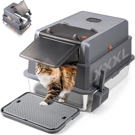 XXXL Stainless Steel Litter Box with Lid, Extra Large 28" L x 20" W x 17" H Enclosed Metal Cat Litter Box with Litter Scoop & Foot Pedal, Odor Control, Easy Cleaning for Big Cats (Dark Grey)