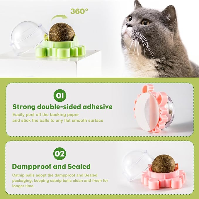 360° Catnip for Cats Wall Catnip Rollerball Licking Ball Cat Nips Mint Magic Cat Stick on Wall Crack Balls Lickable Play Chew Teeth Cleaning Pet Chew Indoor Outdoor