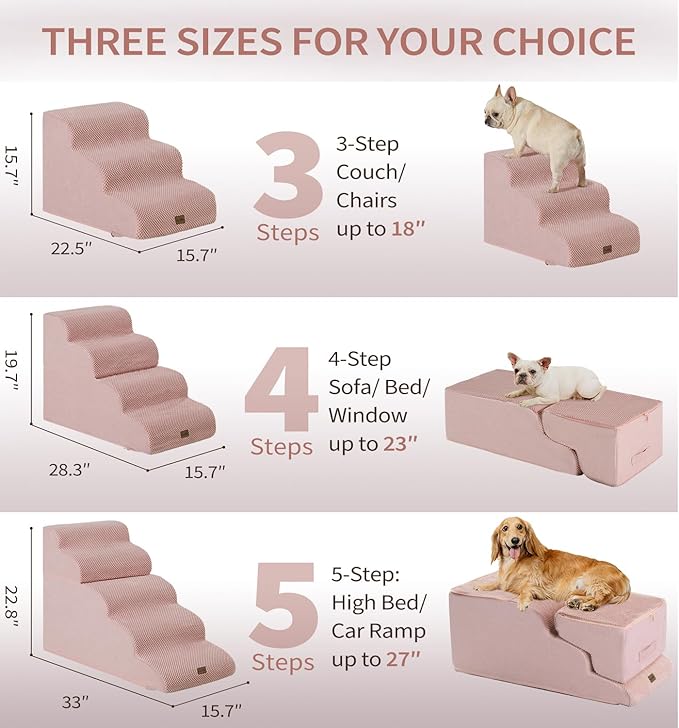 Made4Pets Dog Stairs Ramp for High Bed, 5-Step Pet Stairs for Bed Couch Sofa Climbing, 35D Foam Pet Steps for Small Dogs and Cats, Non-Slip Bottom Dog Steps, Pink