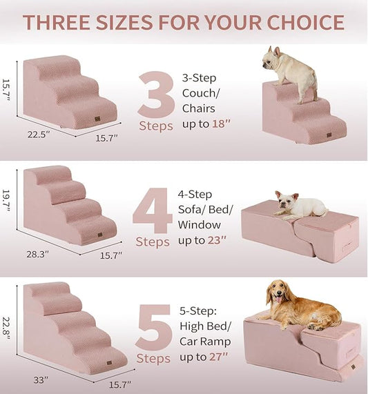 Made4Pets Dog Stairs Ramp for Small Dogs, 3-Step Dog Steps for Bed Couch Sofa and Chair, 35D Foam Pet Steps for Small Dogs and Cats, Non-Slip Bottom Pet Stairs, Pink