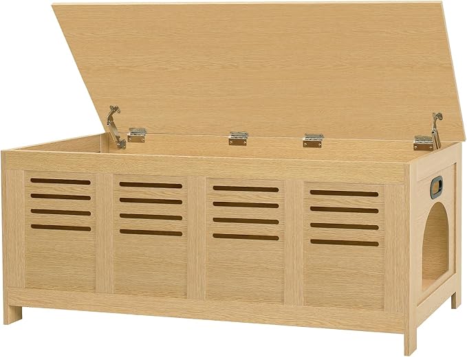 DINZI LVJ Litter Box Enclosure Furniture for 2 Cats, Flip Top Opening Hidden Litter Box with Double Rooms, Dual Pet House with Good Ventilation, 47.2" Wooden Cat Washroom, Easy Assembly, Natural
