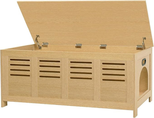 DINZI LVJ Litter Box Enclosure Furniture for 2 Cats, Flip Top Opening Hidden Litter Box with Double Rooms, Dual Pet House with Good Ventilation, 47.2" Wooden Cat Washroom, Easy Assembly, Natural