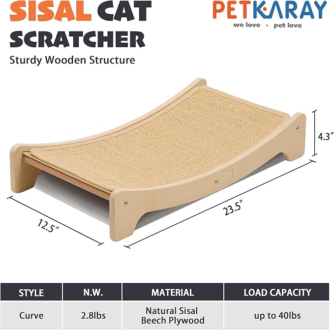 PETKARAY Sisal Cat Scratching Board, Curved Sisal Cat Scratcher, Large Indoor Kitty Scratch Pad, Heavy Duty Arc Lounge Bed for Kitten