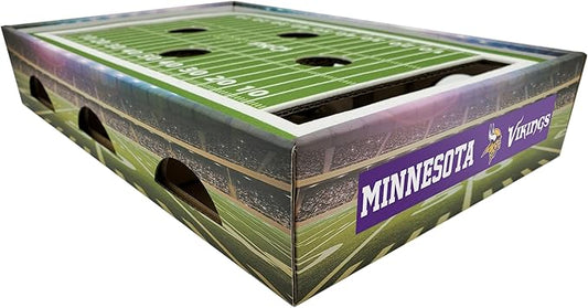 NFL Minnesota Vikings Football Stadium Cat Scratcher Find & Play Box With 2 Jingle Bell Balls - Game Day Toy, Field Felt Scratcher, Play and Lounge Stimulating Game