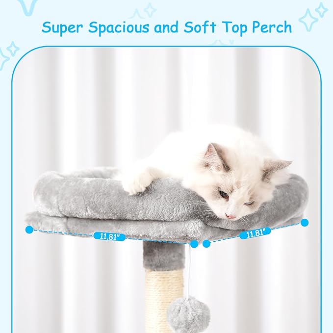 Hey-brother Cat Tree, 42.5-Inches Cat Tower for Indoor Cats, Plush Multi-Level Kitten Cat Condo with Scratching Post,Ramp, Basket, Spacious Cat Cave, Hanging Ball, Light Gray MPJ007SW