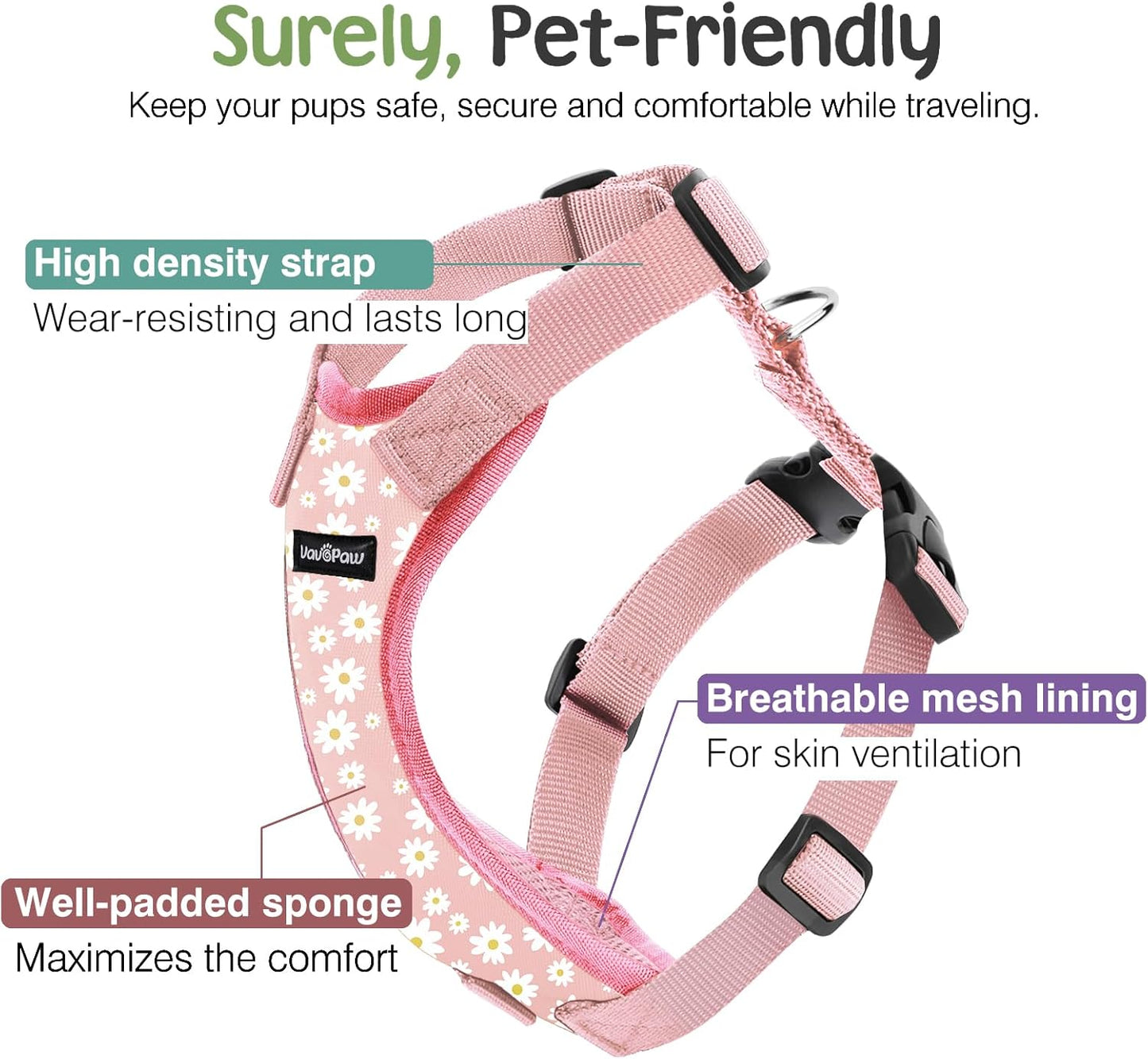 Dog Seat Belt, Safety Vest Dog Car Harness with Adjustable Buckle Dog Seat Belt for Vehicle Nylon Pet Safety Seat Belts Heavy Duty(L, Pink Daisy)