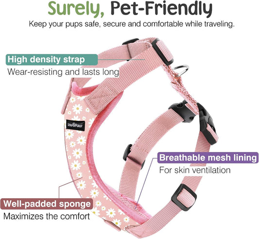 Dog Seat Belt, Safety Vest Dog Car Harness with Adjustable Buckle Dog Seat Belt for Vehicle Nylon Pet Safety Seat Belts Heavy Duty(XL, Pink Daisy)