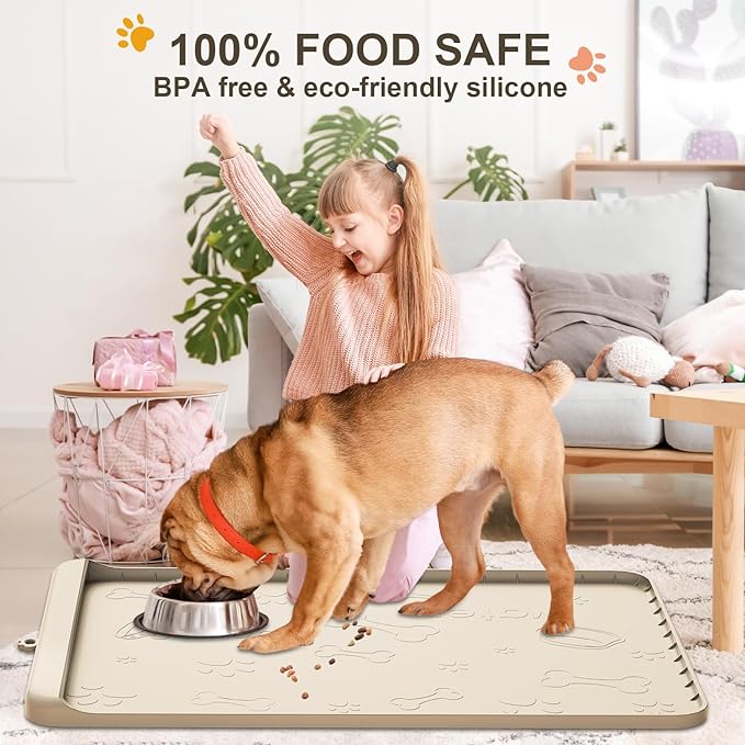 Silicone Dog Feeding Mat - 36" x 24" Large Pet Mat with Residue Collection Pocket and High Edges - Waterproof Mat for Dog and Cat Bowls