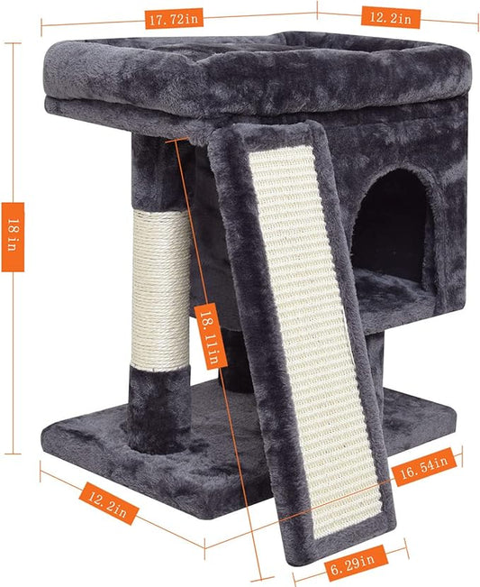 SYANDLVY Small Cat Tree for Indoor Cats Large Adult, Activity Tower with Scratching Post, Modern House with Padded Perch, Kittens Condo with Board, Cat Cave (Smoky Grey)