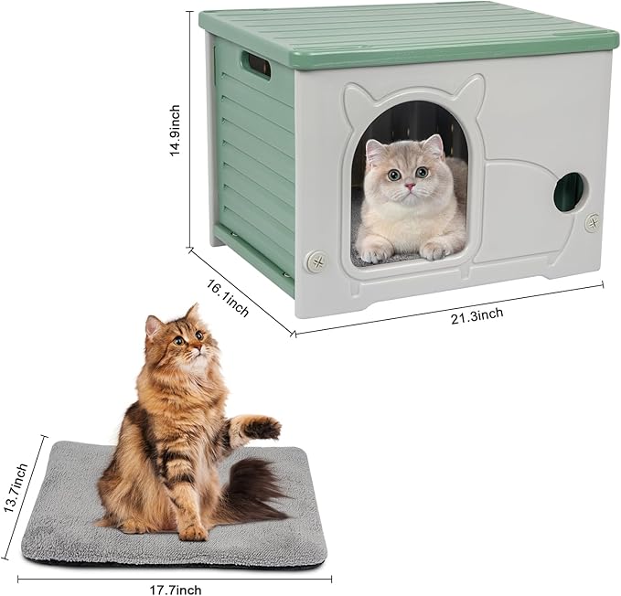 Heated Cat House, Cat Shelter Indoor, Weatherproof Waterproof Plastic Stackable Cat House for Winter with Heating Mat(Green