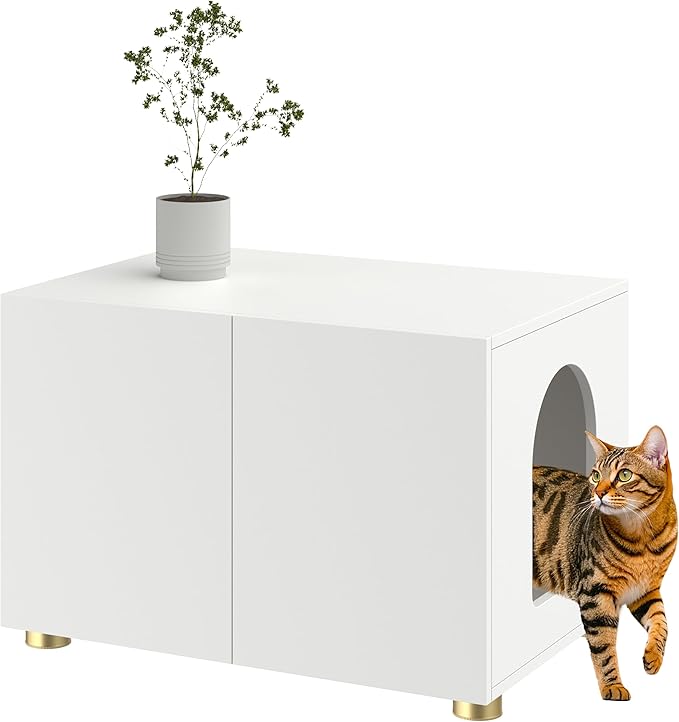 Small Litter Box Enclosure, Sleek Modern Cat Litter Box Cabinet Furniture, Wooden Cat House, End Table (White)