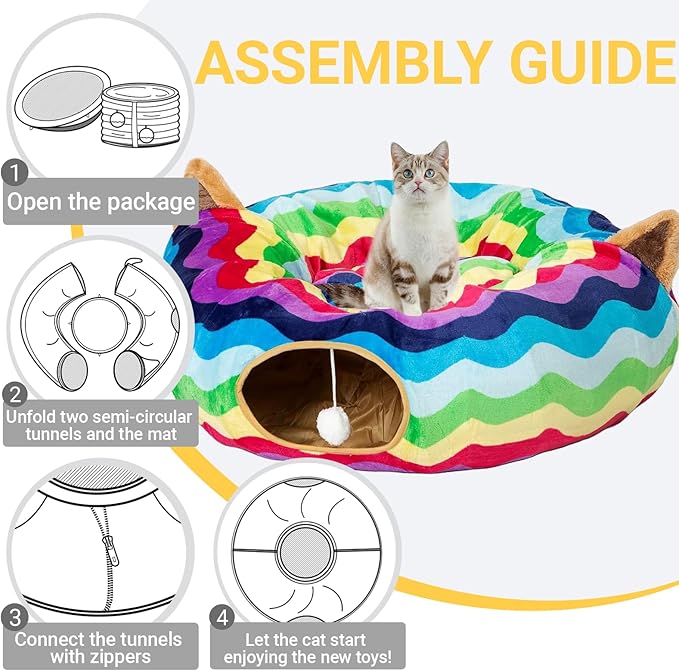 LUCKITTY Large Cat Tunnel Bed with Plush Cover,Fluffy Toy Balls, Small Cushion and Flexible Design- 10 inch Diameter, 3 ft Length- Great for Cats, and Small Dogs, Rainbow Wave Color