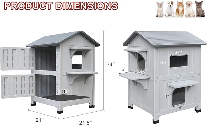 Rockever Luxury Plastic Outdoor Indoor Cat House with Escape Door, Waterproof 2 Story Outdoor Houses for Feral Cats Outside Cat Shelter, Spacious, Clean and Assemble Easily