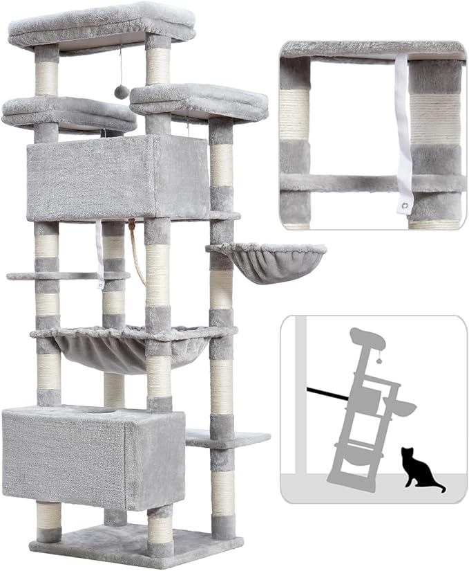 Cat Tree for Indoor Cats Large Adult, 74" Cat Tower with 3 Big Platforms, 2 Baskets, 2 Condos, Multi-Level Cat Scratching Posts, Light Gray GCT030W