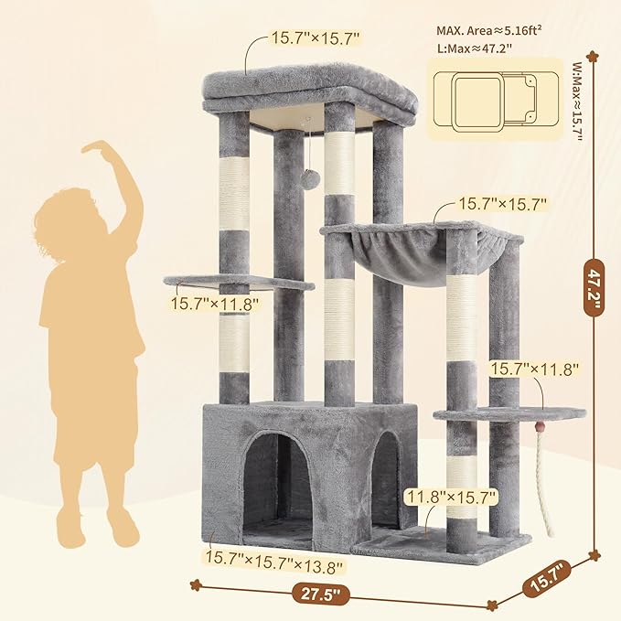 Heybly Heavy Duty Cat Tree, Tower for Indoor Cats large adult, Tall Cat Condo House with Extra-Large Baseboard, Multi-Level Plush Furniture with Scratching Posts, Hammock, Toy Ball, Light Gray HCT026W