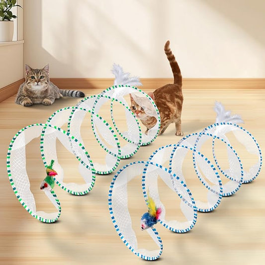 2-Piece Spiral Cat Tubes for Indoor Cats, Large Collapsible Tunnel with Feather Mouse Interactive Toy (Green + Blue & White)