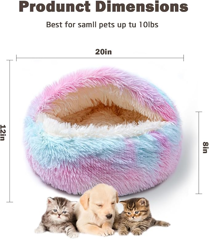 Cat Bed for Indoor Cats, Calming Cozy Cave with Self-Warming Plush, Entire Bed Machine Washable & Anti-Slip Base, Breathable Pet Bed for Small Cats&Dogs All Seasons (Dazzling Colors, 20 * 20inch)