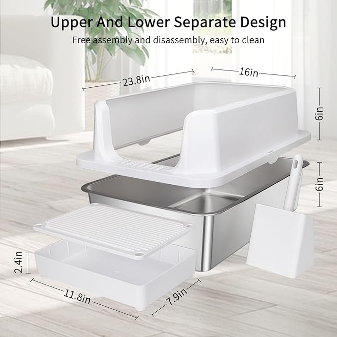 RIZZARI Large Stainless Steel Cat Litter Box: Open Top Leak-Proof Large Cat Pan - Odor Control for Indoor Multi-Cat Homes (White, 23.8" L*16" W*12" H)