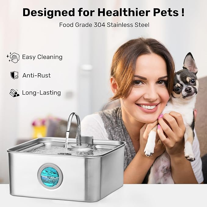 FUKUMARU Dog Water Fountain, 1.8 Gal/236oz/7L Water Tank Ultra Quiet Pump (28.5dB) & 4-Stage Filter System Stainless Steel Kitty Water Fountains for Multi-Cat/Dog Homes, with 3 Filters